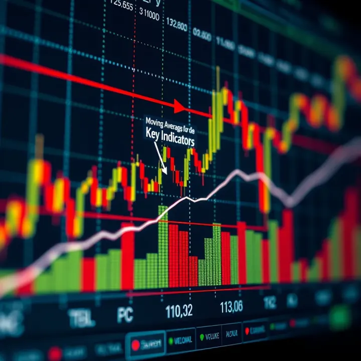 Graph showing stock price movements with technical indicators like moving averages and volume