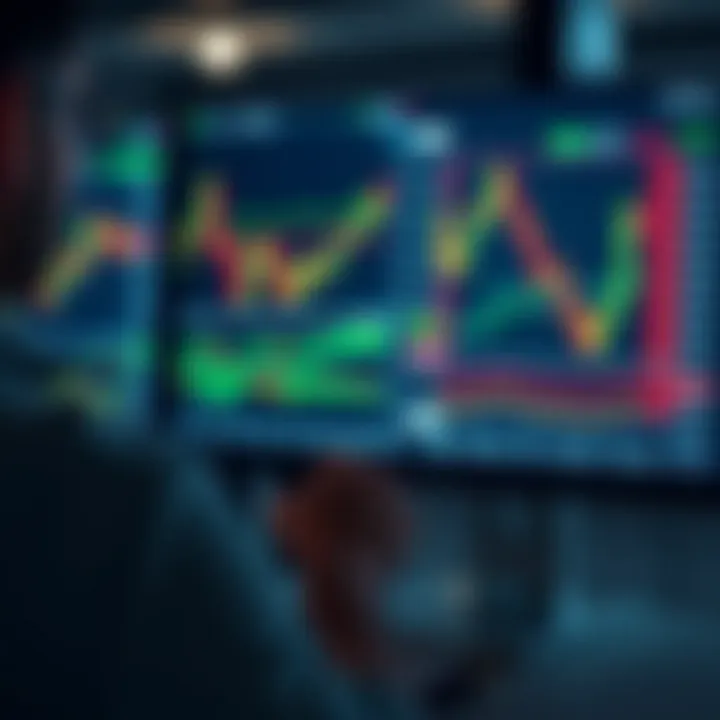 Overview of Online Trading Platforms with Market Charts User interacting with an online trading platform displaying candlestick charts and trading options on a digital screen