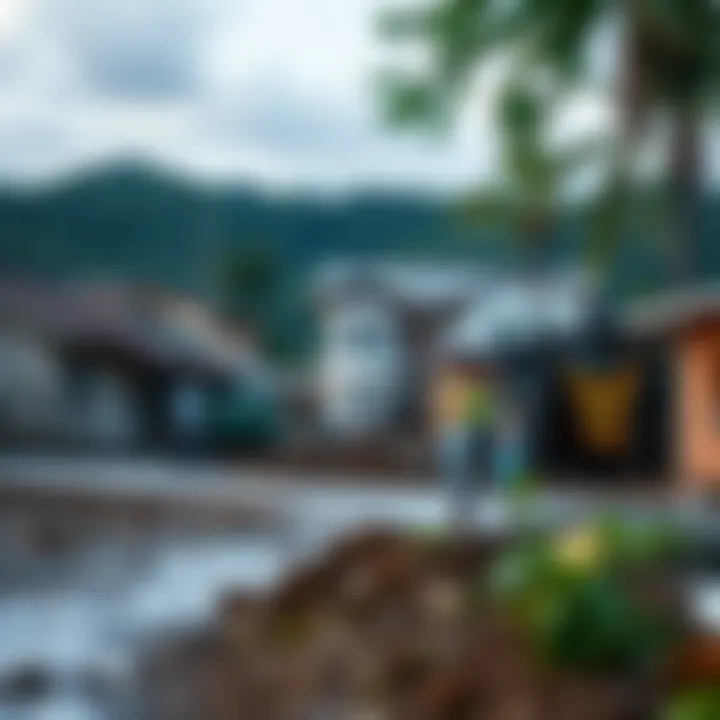 Illustration showing a community implementing disaster risk reduction strategies with emergency preparedness plans and infrastructure improvements