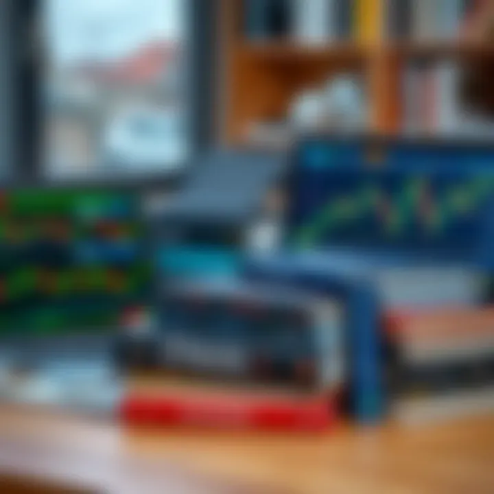 Collection of technical trading books arranged on a table alongside a laptop displaying stock charts