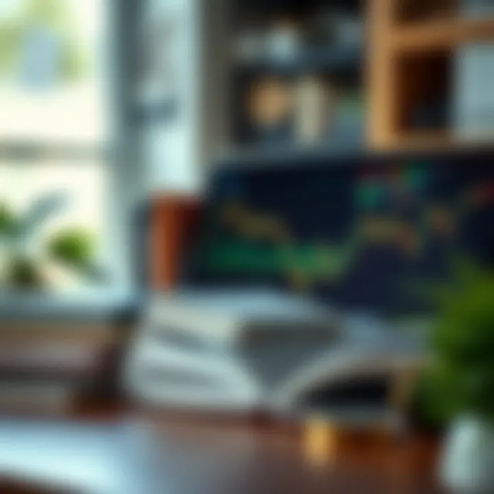 Illustration of financial learning concepts including books, charts, and a laptop for trading education