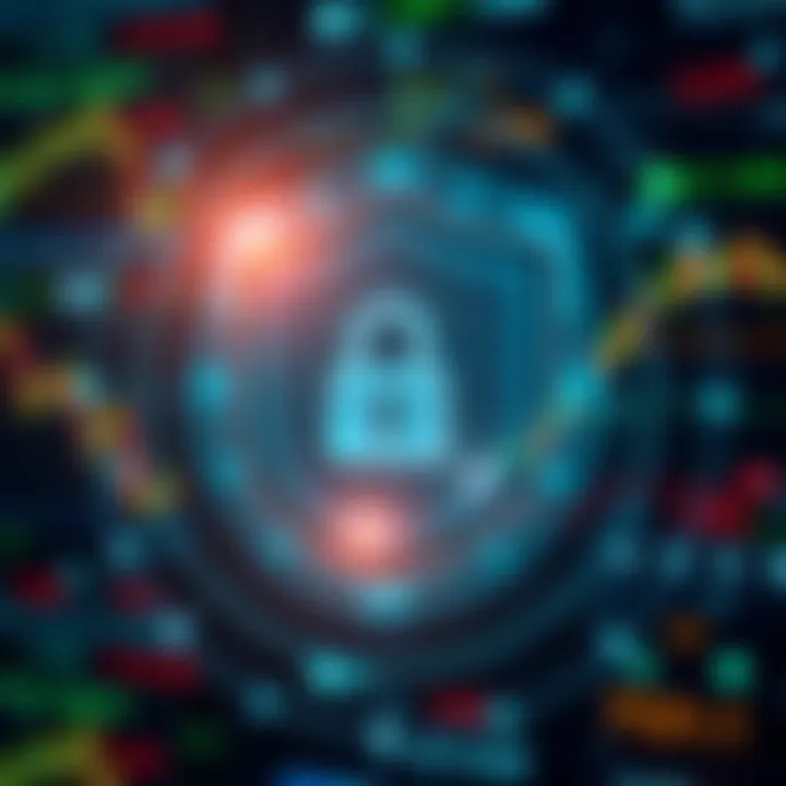 Security shield icon overlaying financial market symbols