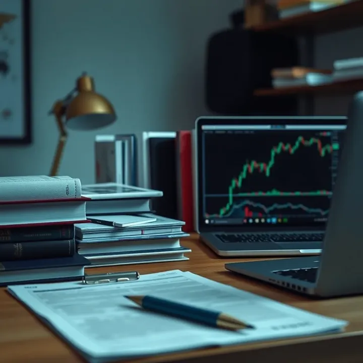 Essential Resources for Learning Trading Collection of trading resources including books, laptop, and notes on desk
