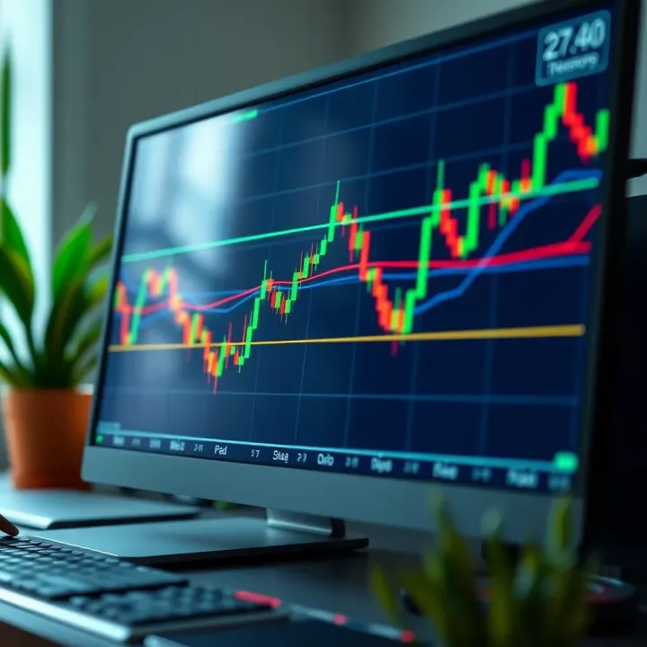 Illustration of a digital trading chart with candlestick patterns and financial indicators on a computer screen