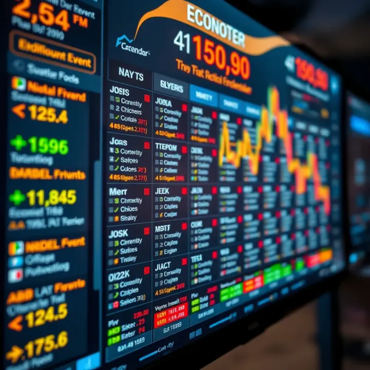 Economic calendar displaying key financial events and market indicators on a digital screen