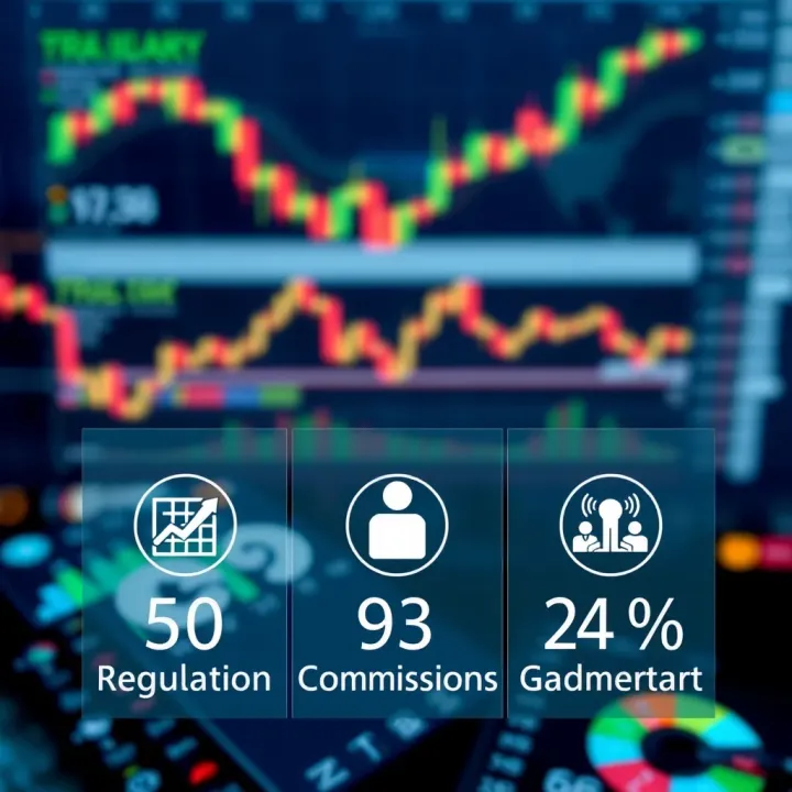 Conceptual graphic showing regulatory compliance, commission rates, and customer support icons for Forex brokers