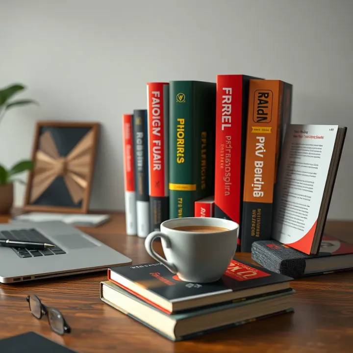 Collection of Forex trading books displayed alongside a laptop and a cup of coffee