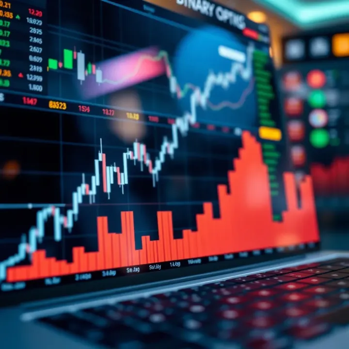 Graph showing upward trend and digital options trading interface
