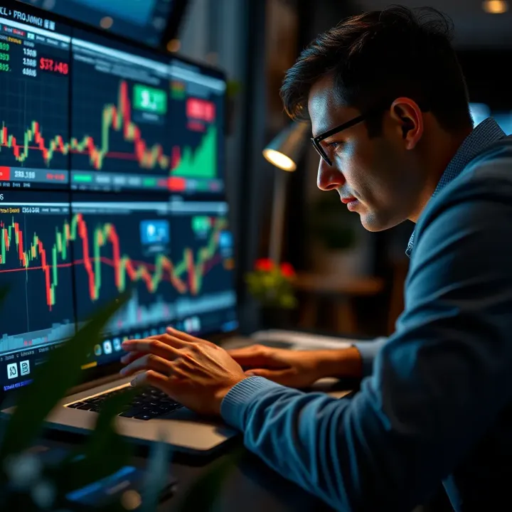 Person analyzing financial markets on laptop with trading graphs and indicators