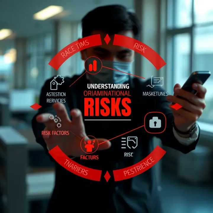 Conceptual graphic showing various risk factors impacting an organization with protective measures