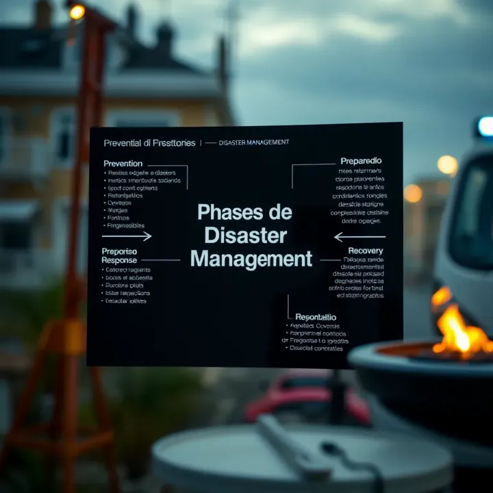 Phases and Strategies of Disaster Management Diagram depicting the phases of disaster management including prevention, preparedness, response, and recovery with key responsibilities highlighted