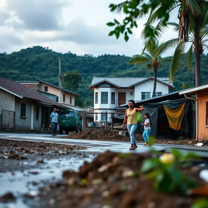 Illustration showing a community implementing disaster risk reduction strategies with emergency preparedness plans and infrastructure improvements