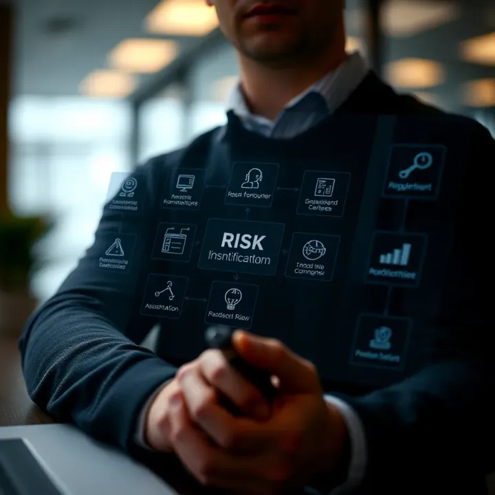 Visual diagram illustrating risk identification and assessment phases with icons and flowchart