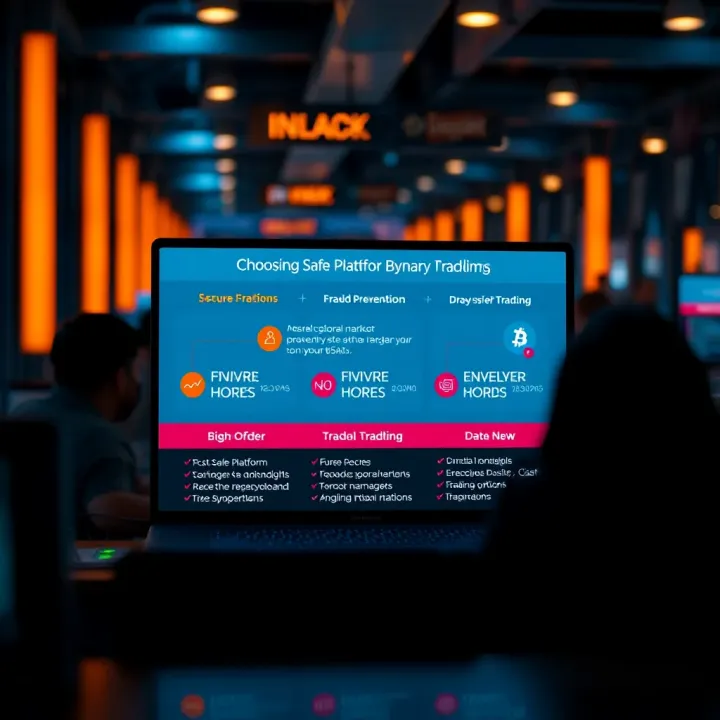 Graphic showing secure platform selection and fraud prevention tips for binary options trading in Colombia