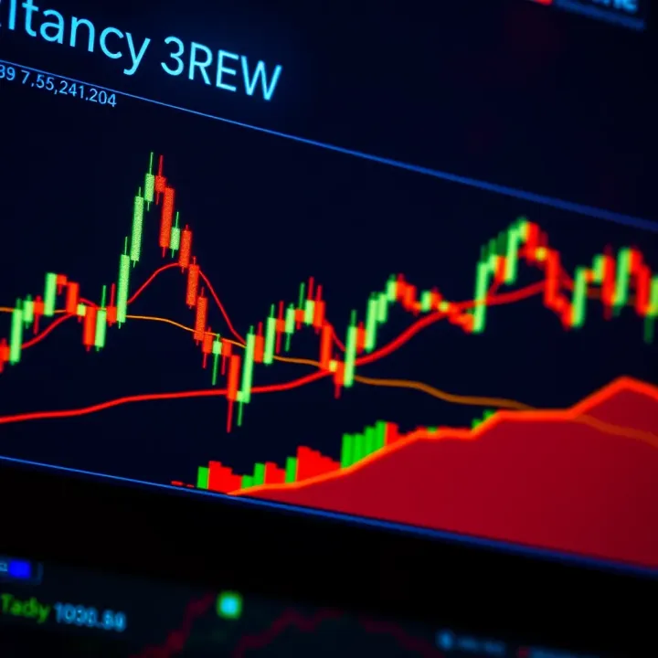 Chart showing candlestick patterns and trend lines for technical analysis in financial markets