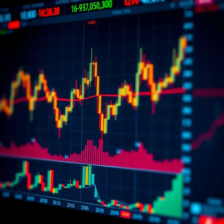 Chart displaying market price trends with candlestick patterns and volume indicators