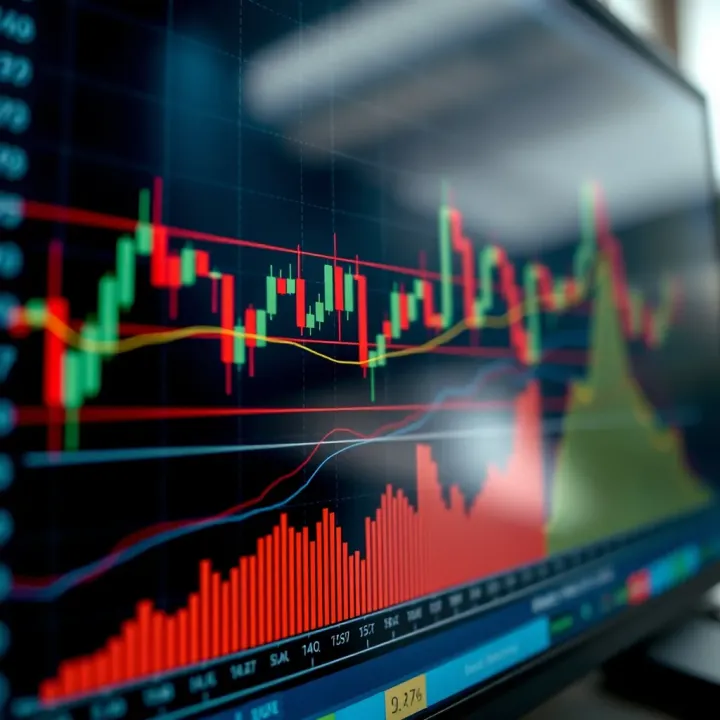 Financial chart displaying candlestick patterns and trend lines on a digital screen