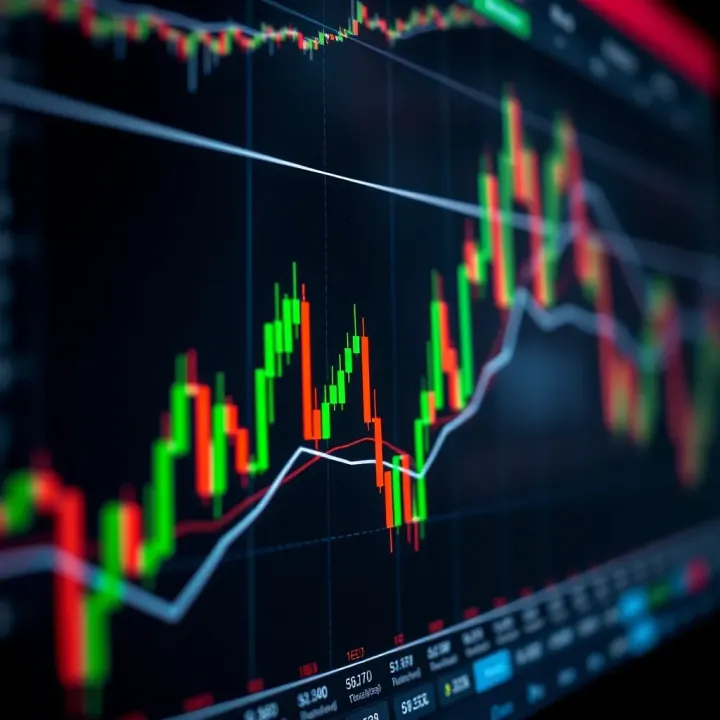 Financial market chart showing candlestick patterns and trend lines for technical analysis