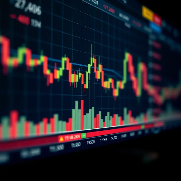 Candlestick chart showing price movements and technical indicators for financial market analysis