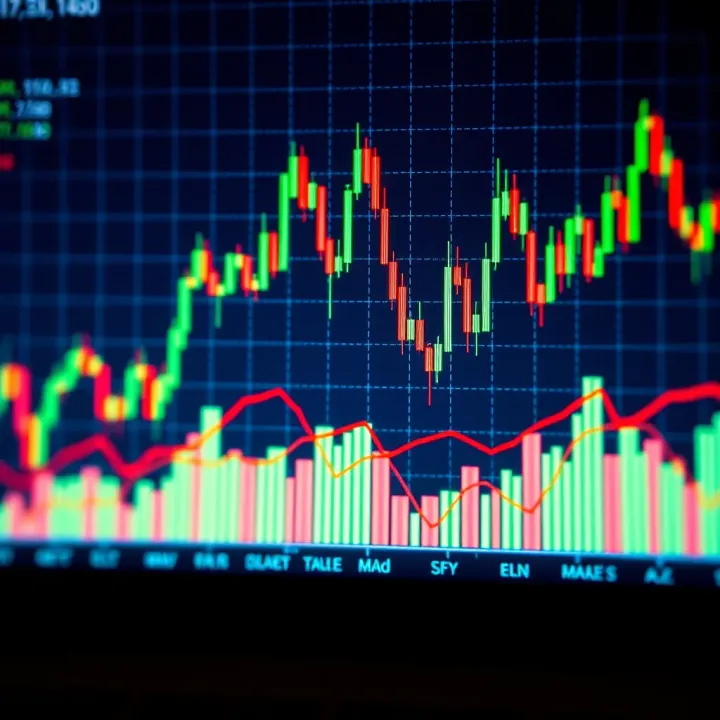 Graph showing fluctuating market prices with candlestick patterns and trend lines
