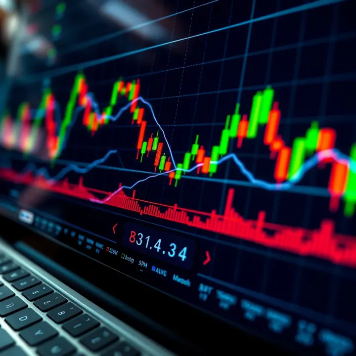 Financial chart showing candlestick patterns and trend lines indicating market movements
