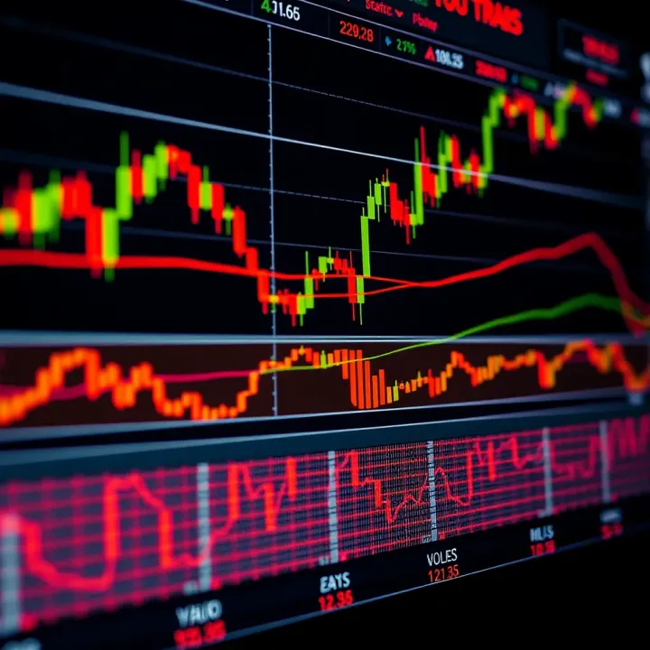 Trading screen with various technical indicators such as moving averages and volume