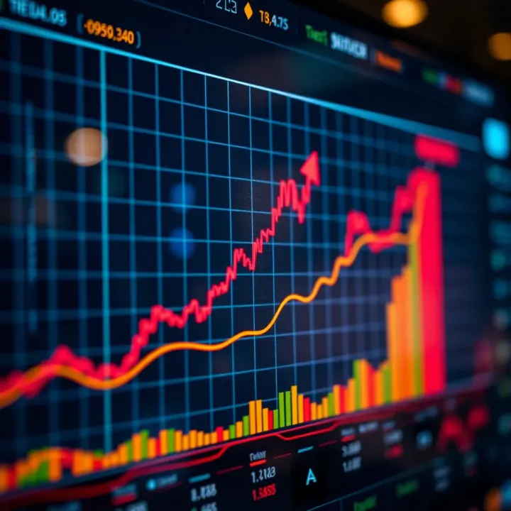 Graph showing stock market trends with arrows indicating growth and decline