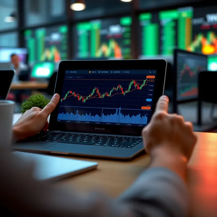 Illustration of a digital trading course displayed on a tablet with charts and graphs