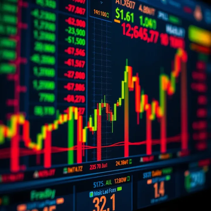 Graph showing currency exchange rate fluctuations with financial charts background